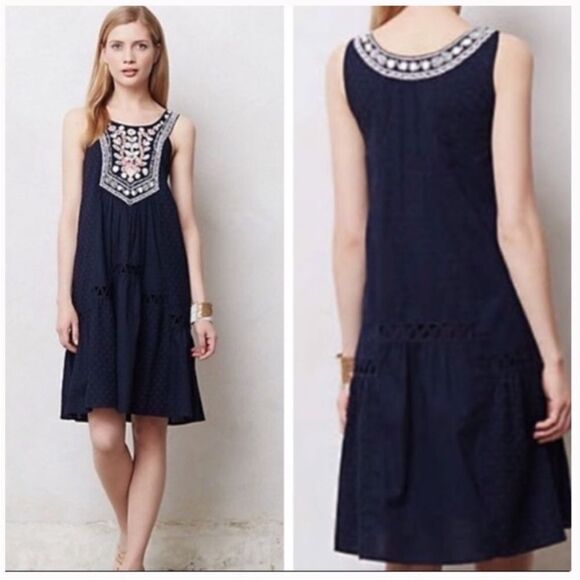 Anthropologie Maeve Tisa Blue Boho Embroidered Pullover Swing Dress Cottagecore - Picture 4 of 14